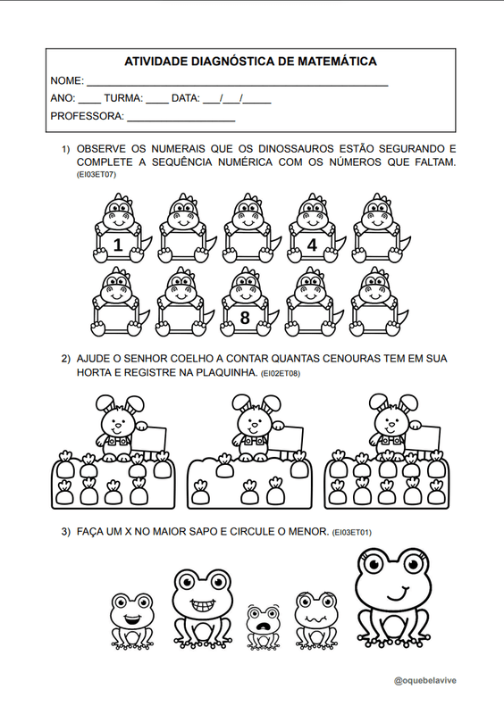 Atividade diagnóstica de matemática do 1º ao 5º ano